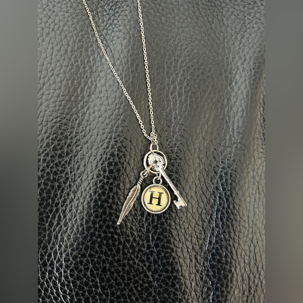 Multi pendant chain/ Silver Key, typewriter H and Feather Pendant Necklace